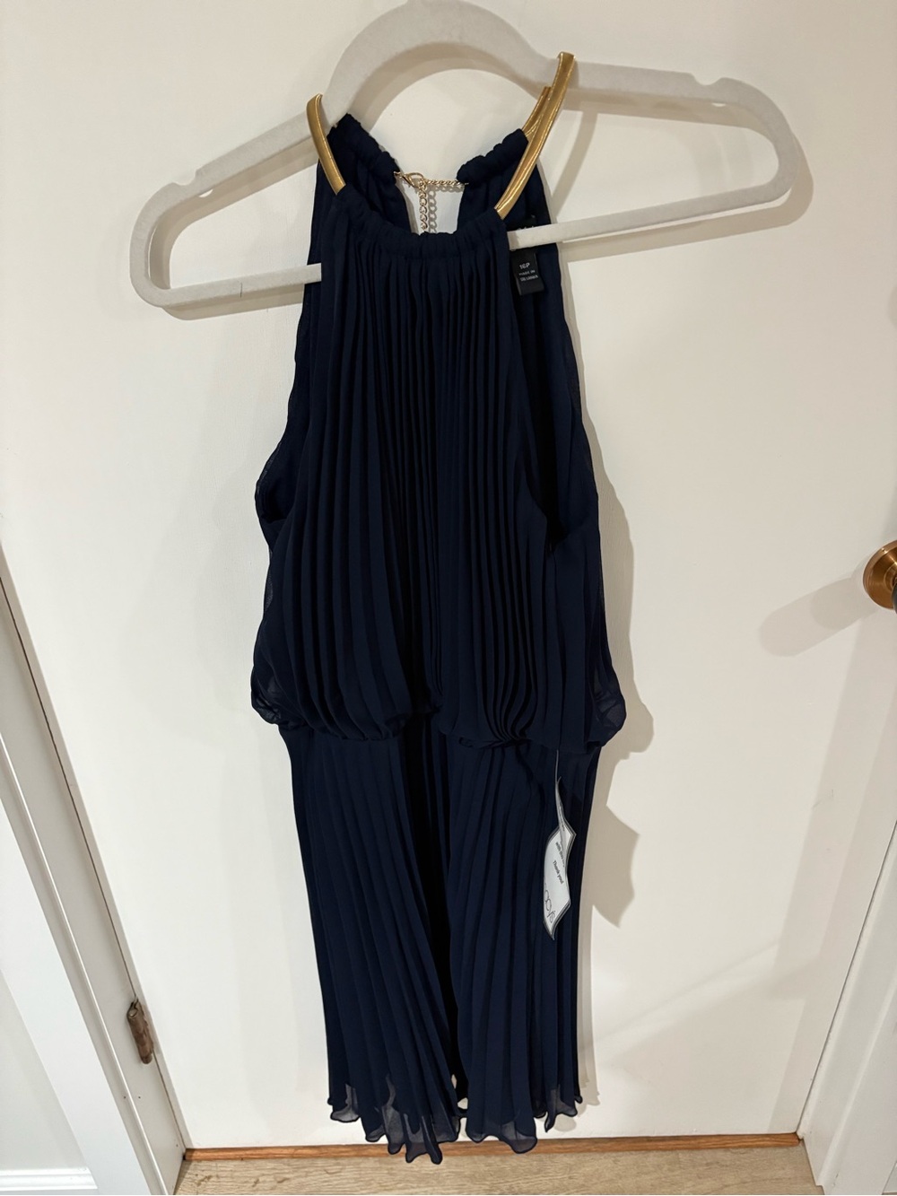 MSK Navy Blue Pleated Halter Jumpsuit with Gold Neck Detail
